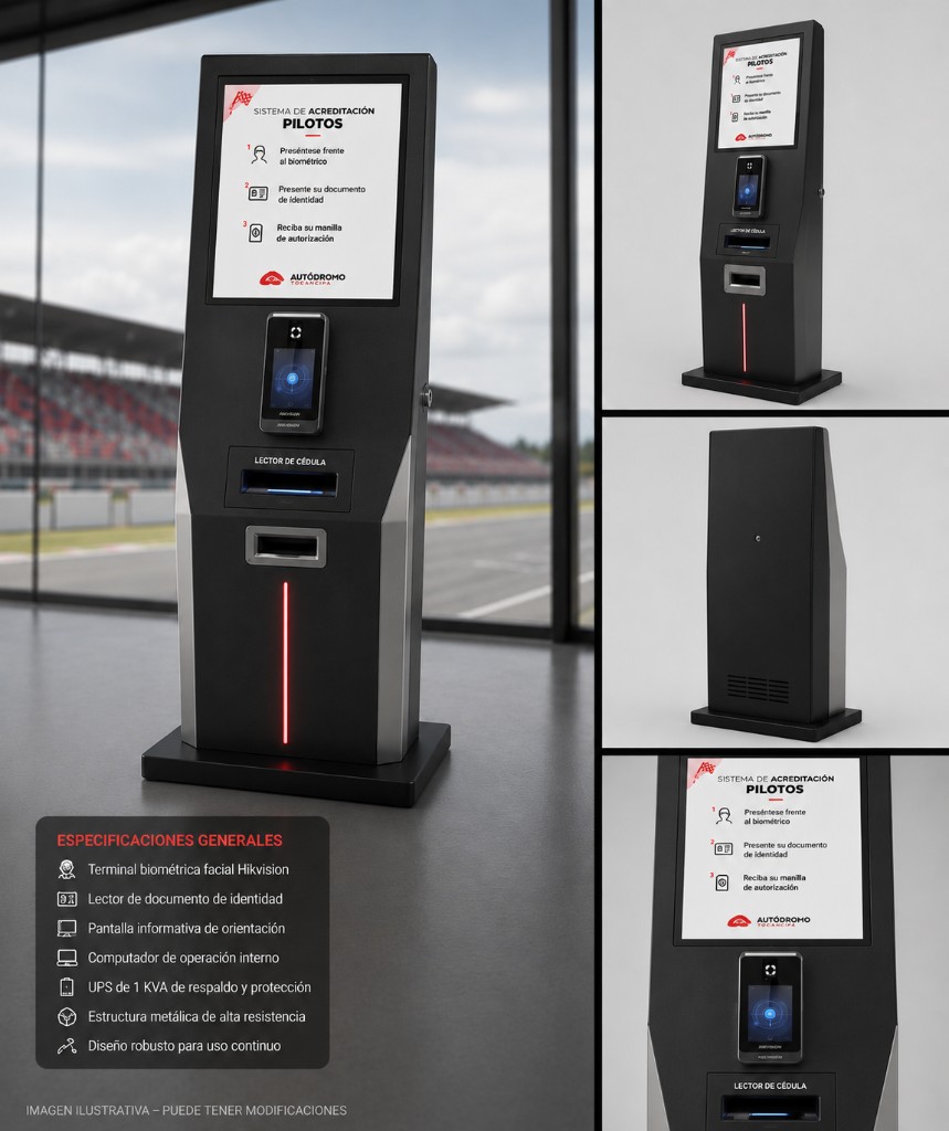 Pilot Access 360 — totem de acreditación con biométrico Hikvision en pista